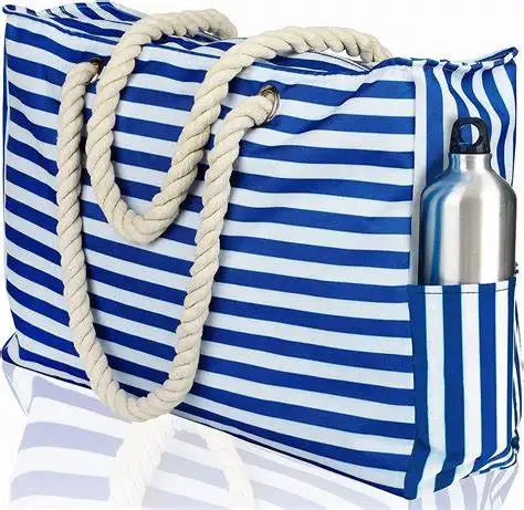 custom logo printed Foldable Customized Cotton Rope Handle Canvas Beach Bag Tote cotton rope beach bag for storage