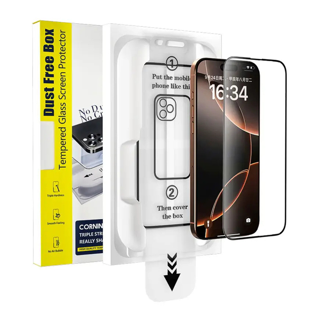 Clear Glass 2.5D Anti-Fingerprint Silk Print Screen Protectors for iPhone 16 Promax  Magic Box Dust-Proof Sticker Tempered Glass