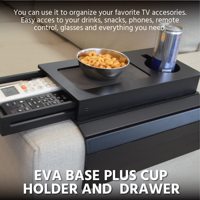 Plateau d'accoudoir de canapé pliable en bambou noir personnalisé avec porte-gobelet et tiroir pour rangement télécommande et téléphone