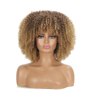 Kort Haar Afro Kinky Krullend Pruiken Met Pony Voor Zwarte Vrouwen Natuurlijke Synthetische Ombre Lijmloze Blonde Cosplay Bob Pruiken