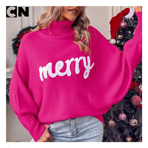 Certificación BSCI Suéter de mujer Fábrica al por mayor Poliéster Navidad Cuello alto Suéter de punto con manga de murciélago - Product Image 3