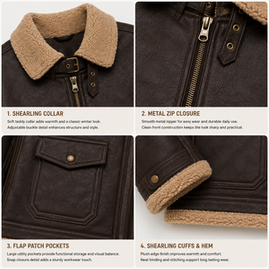 <span class=keywords><strong>Chaqueta</strong></span> de Cuero de Cordero con Cuello de Punto Personalizada para <span class=keywords><strong>Hombre</strong></span>, <span class=keywords><strong>Chaqueta</strong></span> Bomber de Cuero Personalizada de Moda Invernal - Product Image 2