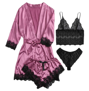 Hot Sale Women Girls Pajamas 4 Pieces Set Spaghetti Strap Pajamas Lace Trim Satin Cami Pajama Suit Women 