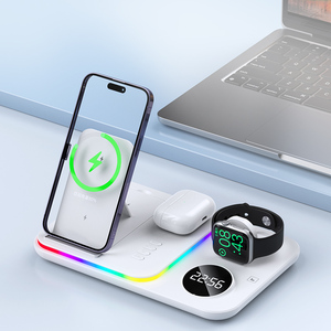 Chargeur sans fil lumineux RVB coloré pour appareils mobiles, station de charge pliable avec support de téléphone et réveil - Product Image 1