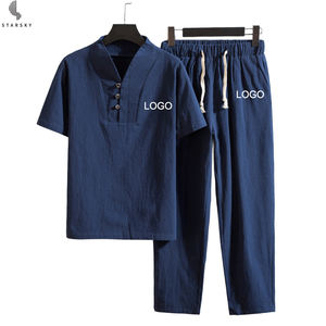 Camicia <span class=keywords><strong>e</strong></span> <span class=keywords><strong>pantaloni</strong></span> Casual da <span class=keywords><strong>uomo</strong></span> estivi taglie forti Set <span class=keywords><strong>di</strong></span> due pezzi traspiranti stile retrò da vacanza con vestibilità ampia - Product Image 1