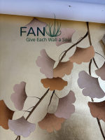 Papier peint brodé à la main avec des feuilles de ginkgo dorées, fond en feuille d'or, revêtement mural intérieur
