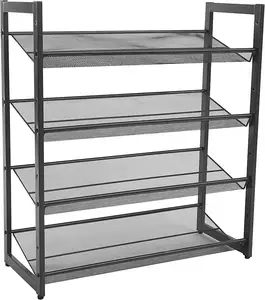 2/3/4 Tier Metal Mesh Shoe Rack with Flat Angled Shelves, Large Stackable and Adjustable Boots Storage Organizer Black