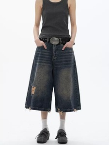 High Street déchiré sept huitièmes longueur Denim pantalon pour l'été nouvelle marque à la mode ample décontracté jambe droite Clean Fit pantalon - Product Image 2