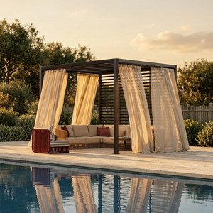 Pérgola de Madera para Exteriores, Gazebo con Cortinas Transparentes, Paneles Laterales de Listones, Diseño Contemporáneo, Muebles de Exterior para Patio y Jardín - Product Image 3