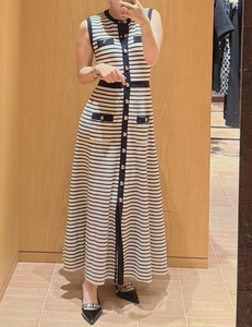 <span class=keywords><strong>Vestido</strong></span> de Punto Largo sin Mangas con Cuello Redondo y Rayas, Estilo Francés, Nuevas Llegadas 2026, Siete Colores - Product Image 1