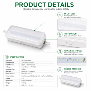 Lumière <span class=keywords><strong>d</strong></span>'<span class=keywords><strong>urgence</strong></span> LED encastrée au plafond, non permanente, 200 lm, autonomie de 3 heures, 10 LED SMD 5730 - Product Image 5
