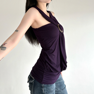 Y2K Party Women's Cross Halter O-Ring Detail Tank Top, Draped Ruched Slim Fit Party Top - Product Image 3