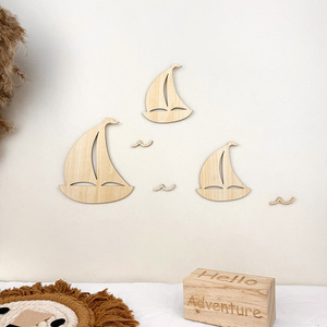 Autocollants muraux en bois pour chambres de bébé avec design ajouré, thème océan, autocollants muraux créatifs en bois représentant un <span class=keywords><strong>bateau</strong></span> à voile - Product Image 3