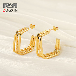Zogxin Geometric Hoop Earrings Gold Plated Stainless Steel Square Shape Party Jewelry For Women - Product Image 1