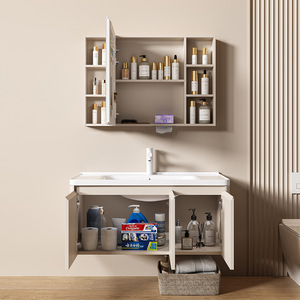 Modern bathroom cabinet combination ceramic integrated basin washbasin smart <b>mirror</b> cabinet cream style - Product Image 4