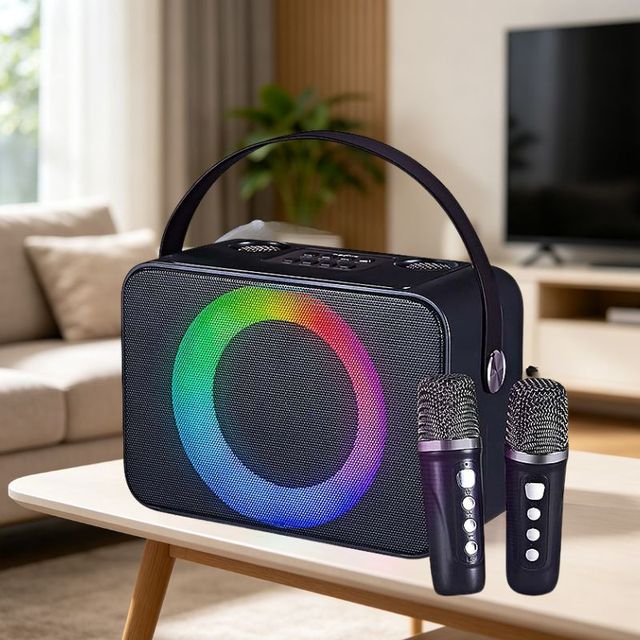 Portable All-in-One Wireless Karaoke Machine Dual Mic Speaker with LED Lights Rechargeable 10W for Home Outdoor Singing Party