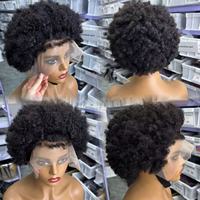 Perruque Bob Courte Afro Kinky Bouclée en Cheveux Humains Péruviens Vierges Bruts à Cuticules Alignées, Provenant d'un Donneur Unique, avec Frange, Perruque Lace Front en Cheveux Humains