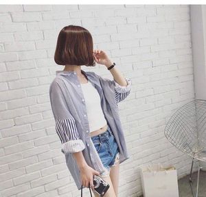 2025批发女式拼布条纹衬衫春秋Midi长度宽松女式休闲衬衫和衬衫 - Product Image 4