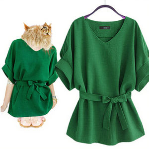 Nuove Bluse Estive da <span class=keywords><strong>Donna</strong></span> Aderenti Chic <span class=keywords><strong>in</strong></span> Chiffon Verde Tinta Unita Vintage a Maniche Corte con Fiocco Decorativo Traspiranti Stile Streetwear - Product Image 4