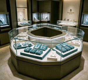 Comptoir de présentation de bijoux en verre octogonal de luxe, vitrine de vente au détail moderne avec inserts en velours turquoise et éclairage LED - Product Image 1