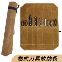 Sac à couteaux portable en toile vert armée, 7 pièces, durable, pour le camping, le rangement des ustensiles de cuisine