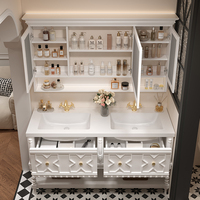 Ensemble de meuble-lavabo de salle de bain vintage de style français à double vasque, miroir LED, lavabo en céramique, finition laquée, armoire sur pied imperméable