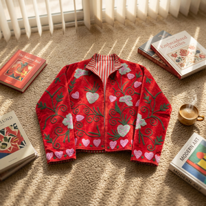 NEW JAIPUR INTERNATIONAL Red Suzani Embroidered <b>Velvet</b> Bomber <b>Jacket</b> for <b>Women</b> Handmade Floral Heart Embroidery Ethnic Boho - Product Image 1