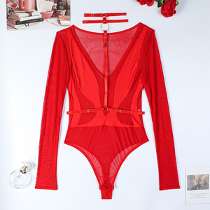 Hot luxe à manches longues transparent maille une pièce body nouveau épissage suspendu cou col en V ensemble de Lingerie - Product Image 5