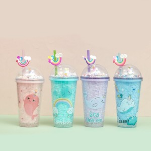450ml Kawaii Rainbow Whale Unicorn Print Double Wall Plastic Tumbler with Rainbow Cloud Straw Topper Dome Lid Pastel Pom Pom - Product Image 5