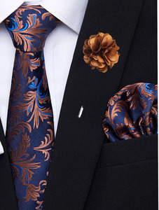Men's Slim 7.5cm Polyester Microfiber <strong>Tie</strong> <strong>and</strong> Pocket Square Brooch Pin Black <strong>Green</strong> Orange Paisley Pocket Square Set for Men - Product Image 1