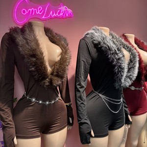 कॉमेलुकिन फैशन सेक्सी महिलाओं गहरी v गर्दन के फर एक टुकड़ा प्लेसूट जुम्पर - Product Image 2