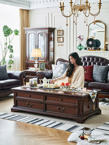 Mesa de Centro de Madera Maciza Estilo Americano, Diseño Gold Silk Teamwood, Construcción Completamente en Madera Maciza, Mueble de TV con Almacenamiento para Sala de Estar - Product Image 1