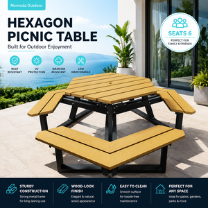 <span class=keywords><strong>Table</strong></span> <span class=keywords><strong>de</strong></span> pique-nique hexagonale en WPC résistante aux intempéries avec banc intégré et <span class=keywords><strong>trou</strong></span> pour <span class=keywords><strong>parasol</strong></span> pour parc, <span class=keywords><strong>jardin</strong></span>, pique-nique en plein air - Product Image 1