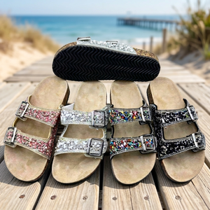 Sandalias de Corcho con Doble Tira y Pedrería Brillante, Estilo Bohemio, Cómodas para Mujer, Zapatos de Playa para Verano - Product Image 3