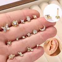 G23 Titanium 16G 8mm Flat Back Labret Stud Internal Thread Butterfly Heart Zircon Lip Piercing Unisex Earring.