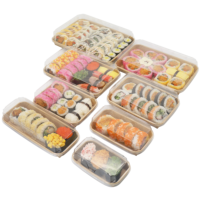 Bandeja Rectangular Grande Desechable de Papel Kraft Reciclado para Sushi con Tapa, Recubrimiento UV, Laminado Mate y Grabado en Relieve para Fideos, Patatas Fritas y Alimentos para Bebés