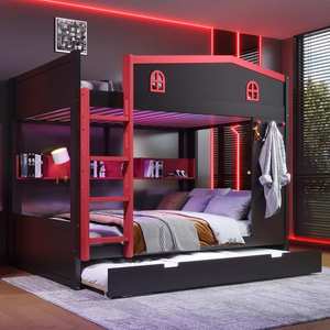Modern House-shaped Solid Wood Bunk <strong>Bed</strong> with Hooks Storage Shelves Safety Guardrails Optional <strong>Underbed</strong> Drawers or Trundle <strong>Bed</strong> - Product Image 4