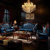 Ensemble de canapés en cuir véritable bleu marine en bois massif sculpté à la main de style européen de luxe, meubles classiques pour salon, 1, 2 et 3 places