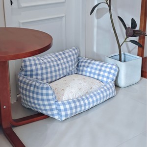 ZHONGYA Huisdieraccessoires Afneembaar en Wasbaar Waterdicht Huisdierenbed met Koreaanse Stijl Zachte Huisdierenbed Blauw Geruit Klein Kattenbankje - Product Image 5