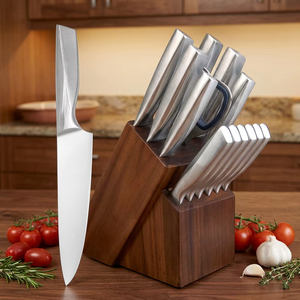 Ensemble de 14 couteaux de cuisine, manche intégré en acier inoxydable ondulé, ergonomique, couteaux de chef à lame pleine, avec bois d'acacia - Product Image 6