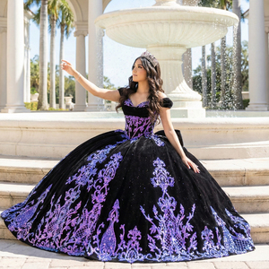 Jancember 1507 Abito da Quinceañera di Lusso in Velluto Nero con Paillettes Viola, Abito da Ballo Gotico, Abito da Sposa Formale per Cerimonie Nuziali ed Eventi - Product Image 1