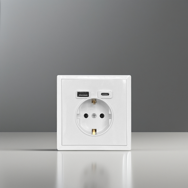 2024 New Design Dual USB A+C Fast Charger-20W Smart Wall Power Socket Single Pole PC Material +Schuko Socket