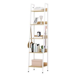 Estante de Almacenamiento de 5 Niveles con 4 Ganchos, Librería de Estilo Industrial para Cocina, Hecho de MDF y Metal, Estante de <span class=keywords><strong>Escalera</strong></span> Estrecho, Blanco - Product Image 1
