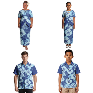 Ensemble de tenues familiales quatre pièces Puletasi Samoan à motif tribal pour les vacances à l'église des îles polynésiennes, chemises décontractées pour <span class=keywords><strong>parents</strong></span> et enfants - Product Image 6