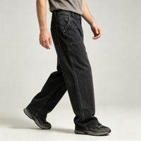 Jean Carpenter pour Homme, Denim Noir Délavé, Double Genou, Coupe Ample et Large, Style Workwear, avec Boucle pour Marteau, Personnalisable