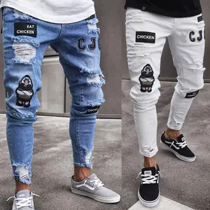 King Mcgreen Star Jeans sobek untuk pria, celana Jin Hip Hop elastis motif kartun pas badan