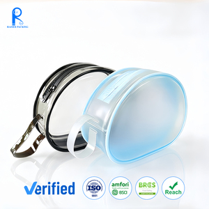 Sac de maquillage ovale transparent givré en PVC, fourni par l'usine, étanche avec fermeture éclair, trousse de toilette de voyage, pochette de rangement cosmétique avec poignée de transport - Product Image 1