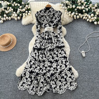 Robe décontractée élégante pour femme WIWT, coupe trapèze, broderie en dentelle, manches longues, col montant, avec ceinture, pour le quotidien et les vacances
