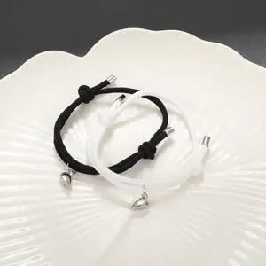 Pulseira de tecido à mão com ímã preto e branco simples para presente de namorada pulseira de casal ajustável joia unissex