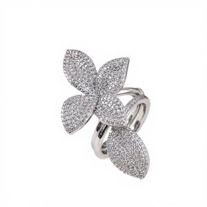 Anillo de Dedo Índice Abierto de Cobre Electrochapado con Diamantes Completos y Diseño de Hojas Florales Novedoso, Estilo Europeo Americano, de Nicho y de Moda - Product Image 1